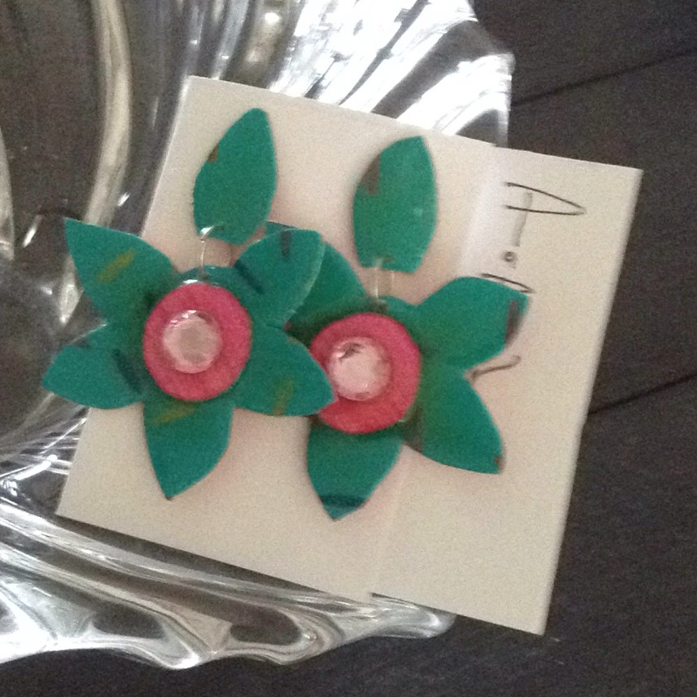 Flower Power retro handmade earrings TURQ/pink